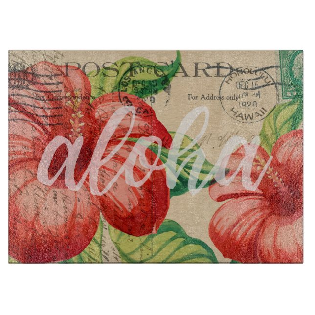 Vintage Hawaiian Hibiscus Postcard Cutting Board (Front)