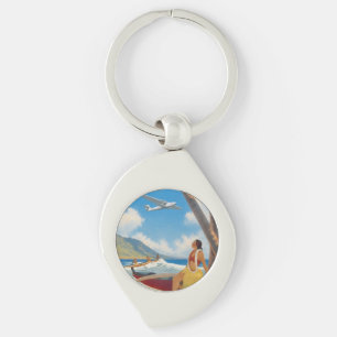 Vintage Hawaiian Hula Girl Aloha Escape Paradise Key Ring