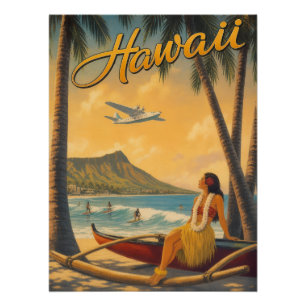 Vintage Hawaiian Hula Girl Aloha Escape Paradise Poster