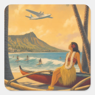 Vintage Hawaiian Hula Girl Aloha Escape Paradise Square Sticker