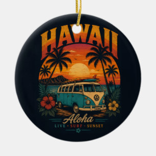Vintage Hawaiian Sunset Palms Surfboard Aloha Ceramic Ornament