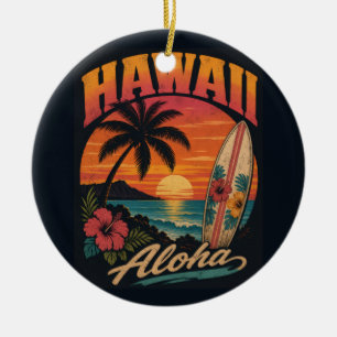 Vintage Hawaiian Sunset Palms Surfboard Aloha Ceramic Ornament
