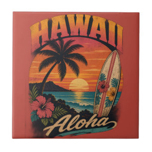 Vintage Hawaiian Sunset Palms Surfboard Aloha Ceramic Tile