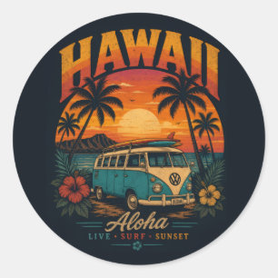 Vintage Hawaiian Sunset Palms Surfboard Aloha Classic Round Sticker