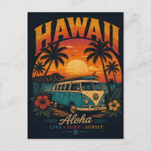 Vintage Hawaiian Sunset Palms Surfboard Aloha Holiday Postcard