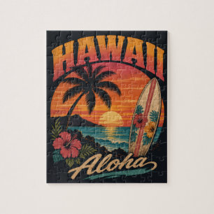 Vintage Hawaiian Sunset Palms Surfboard Aloha Jigsaw Puzzle