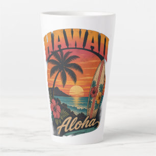 Vintage Hawaiian Sunset Palms Surfboard Aloha Latte Mug