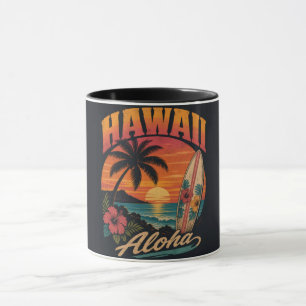 Vintage Hawaiian Sunset Palms Surfboard Aloha Mug
