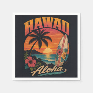 Vintage Hawaiian Sunset Palms Surfboard Aloha Napkin