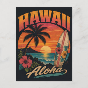 Vintage Hawaiian Sunset Palms Surfboard Aloha Postcard