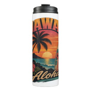 Vintage Hawaiian Sunset Palms Surfboard Aloha Thermal Tumbler