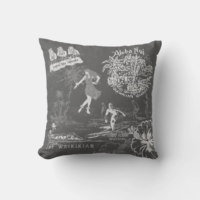 Vintage Hawaiian Travel Collage Grey Reversible Cushion (Front)
