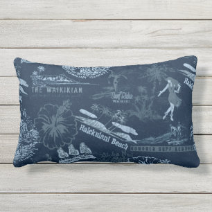 Vintage Hawaiian Travel Collage in Indigo Blue Lumbar Cushion