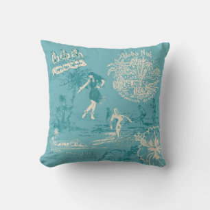 Vintage Hawaiian Travel Collage in Teal Reversible Cushion