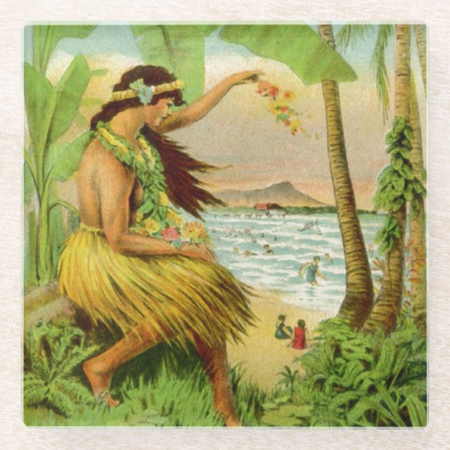 Vintage Hawaiian Travel Glass Coaster (Front)