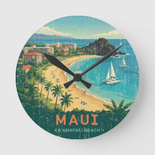 Vintage Hawaiian Travel Posters - Maui Round Clock