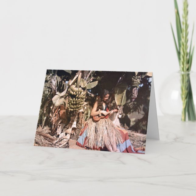 Vintage Hawaiian Wahine Hula Girl Ukulele Card (Front)