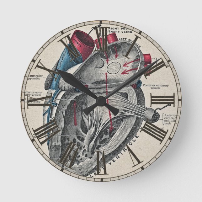 Vintage Heart Anatomical Diagram Chart Drawing Round Clock (Front)
