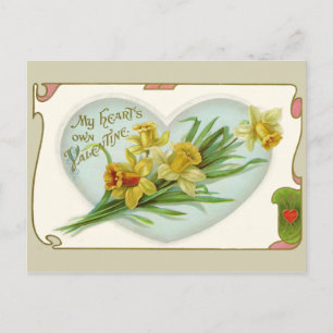 Vintage Heart and Daffodils Valentine Postcard
