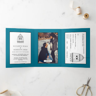Vintage Heart Birdcage, Duck Blue Wedding Suite Tri-Fold Invitation