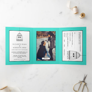 Vintage Heart Birdcage, Turquoise Wedding Suite Tri-Fold Invitation