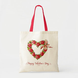 Vintage Heart Floral Wreath Happy Valentine's Day Tote Bag
