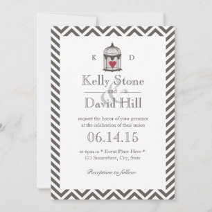 Vintage Heart in Bird Cage Chevron Stripes Wedding Invitation