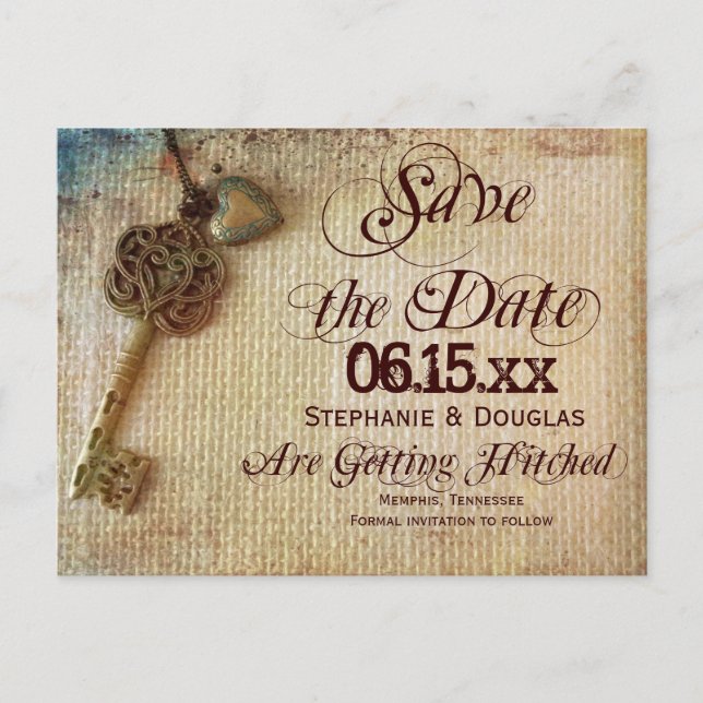 Vintage Heart Key Burlap Save the Date Postcards (Front)