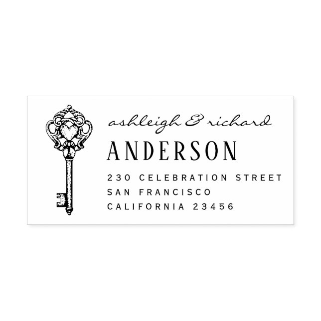 Vintage Heart Key Script Names & Return Address Rubber Stamp (Imprint)