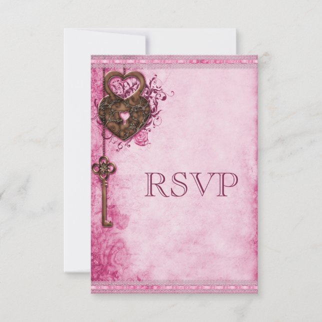 Vintage Heart Lock & Key Pink Wedding RSVP Card (Front)