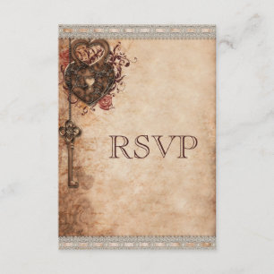 Vintage Heart Lock & Key Wedding RSVP Card