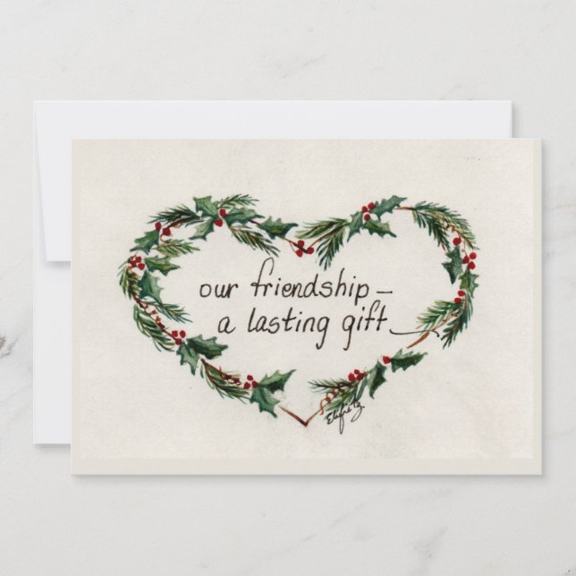 Vintage Heart of Holly Friendship Saying  Holiday Card (Front)