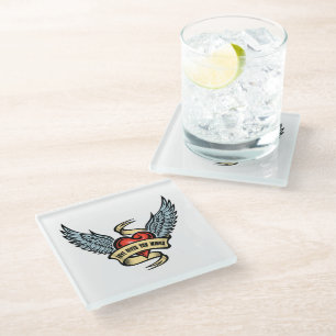 Vintage Heart With Wings Glass Coaster
