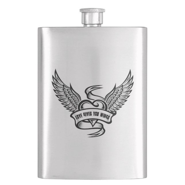 Vintage Heart With Wings, Love Gives You Wings Hip Flask (Front)