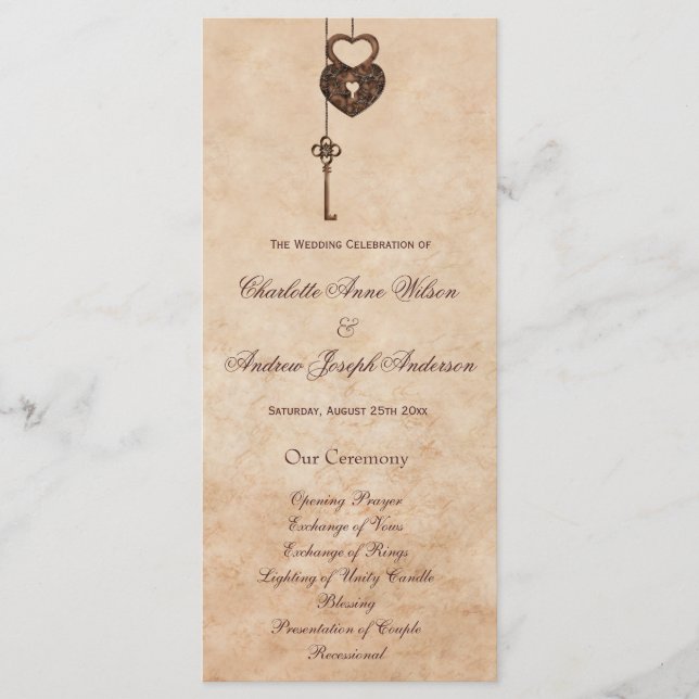 Vintage Hearts Lock and Key Wedding Program (Front)