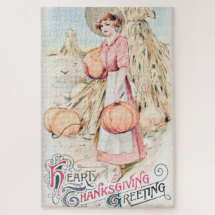 Vintage Hearty Thanksgiving Greeting Card Jigsaw Puzzle