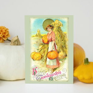 Vintage Hearty Thanksgiving Greeting Pumpkin Holiday Card