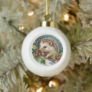 Vintage Hedgehog Among Holly Christmas Ceramic Ball Christmas Ornament