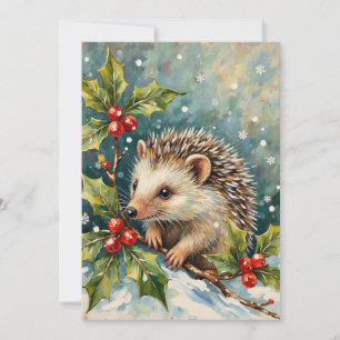 Vintage Hedgehog Among Holly Christmas Holiday Card