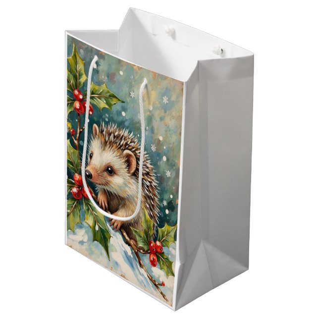 Vintage Hedgehog Among Holly Christmas Medium Gift Bag (Front Angled)
