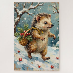 Vintage Hedgehog with Christmas Berry Basket Jigsaw Puzzle