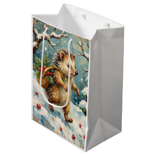 Vintage Hedgehog with Christmas Berry Basket Medium Gift Bag