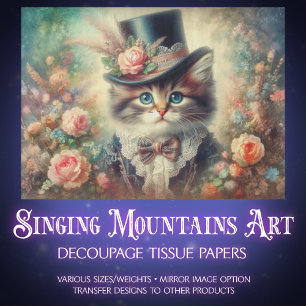 Vintage Heirloom Botanical Kitten Decoupage  Tissue Paper