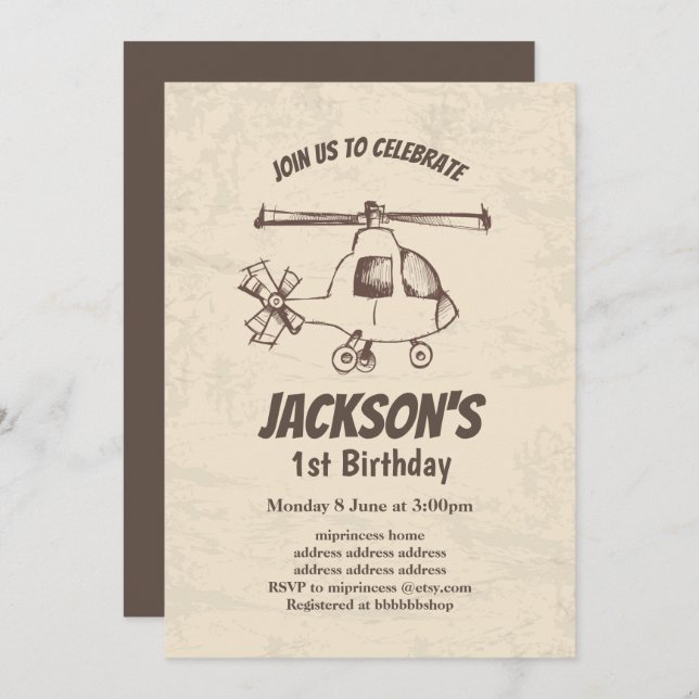 vintage,  Helicopter, boy birthday invitation (Front/Back)