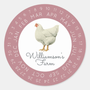 Vintage Hen Encircled Date Egg Carton Dusty Rose Classic Round Sticker