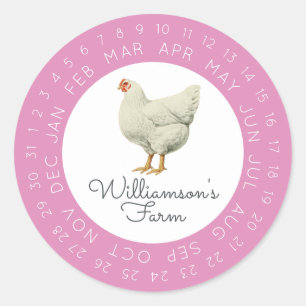 Vintage Hen Encircled Date Egg Carton Fuchsia Pink Classic Round Sticker