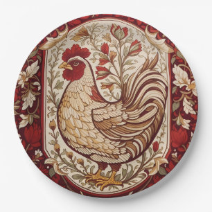 Vintage Hen Red and Cream Floral Paper Plate