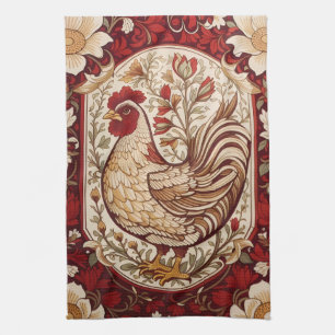 Vintage Hen Red and Cream Floral Tea Towel