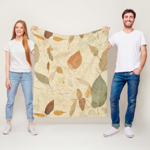 Vintage Herbarium Pressed Leaves Brown Gold Olive Fleece Blanket