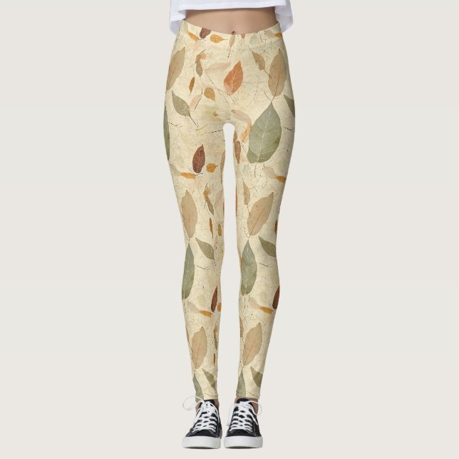 Vintage Herbarium Pressed Leaves Brown Gold Olive Leggings (Front)